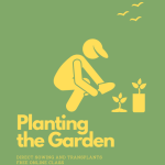 Cartoon of someone planting a transplant. Text: Planting the Garden. Direct Sowing and Transplants. Free Online Class