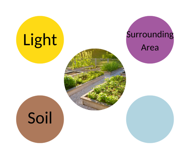 Five circles. Center circle is a garden. Top left circle has text that says "Light". Bottom left circle has text that says "Soil". Top right circle has text that says "Surrounding Area". Last circle is blank.