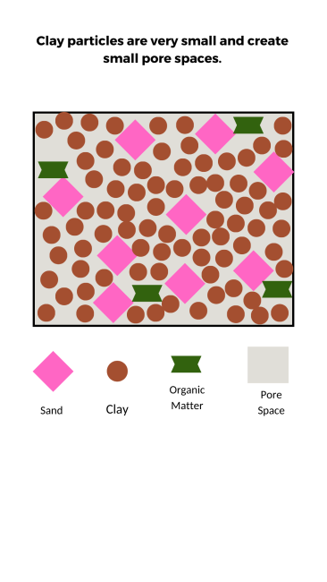 Text: Clay particles are very small and create small pore spaces. Graphic shows sand, clay, organic matter particles and the pore spaces between the particles.