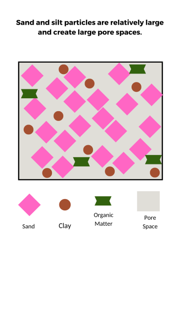 Text: Sand and silt particles are relatively large and create large pore spaces. Graphic shows sand, clay, organic matter particles and the pore spaces between the particles.