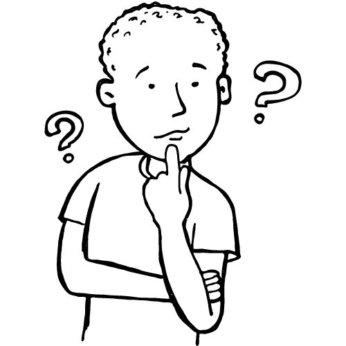 Drawing of a person with a questioning look on their face and question marks surrounding them.