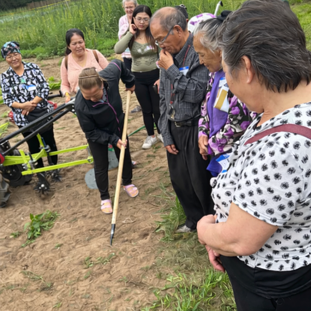 Hmong woman tries a weeding tool while other Hmong growers watch.